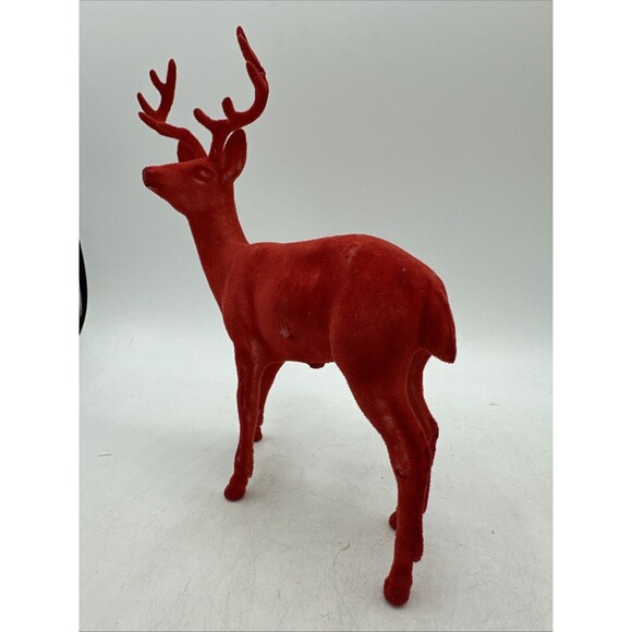 Vintage Red Flocked Reindeer Buck Deer Christmas Decor Plastic - Picture 8 of 16